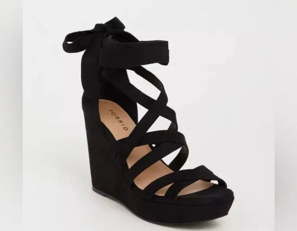 NWOT Torrid black suede platform wedge with adjustable ankle ties size 8.5W